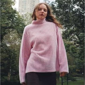 Zara Pink Jacquard Checkered Gingham Check Mock Neck Sweater Large